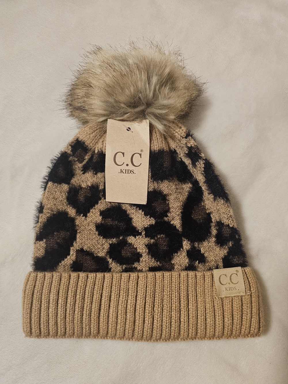 C.C Kids Leopard Cheetah Print Faux Fur Pom Pom Beanie – Tan & Black
